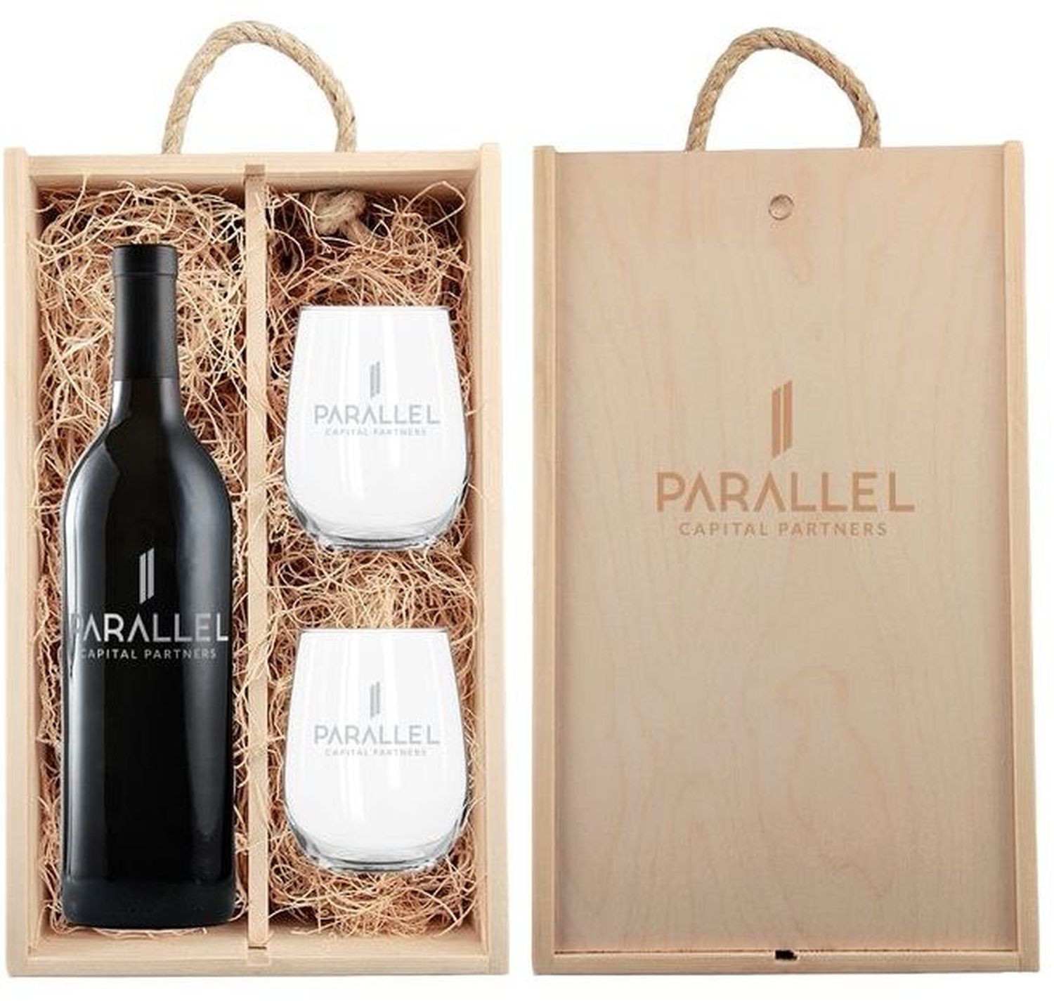 Rustic Laser Engraved Wood Box With Custom Etched Wine Glasses - Laser Etched